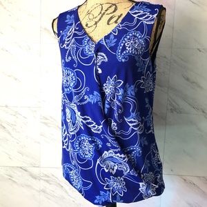 Dana Buchman Blue/White Paisley Sleeveless Faux Wrap Blouse Size Medium
